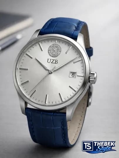 Мужские наручные часы UZB Collection — классический офисный дизайн, дата, кожаный ремешок — THESOAT-14AYLANAUZB-СИНИЙ