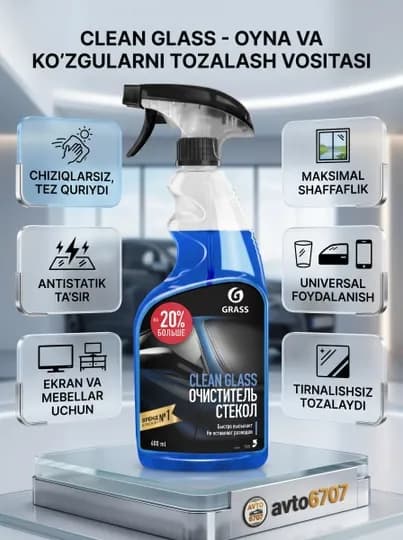 Очиститель стекол и зеркал Grass Clean Glass, спрей для мытья окон без разводов, 600 мл