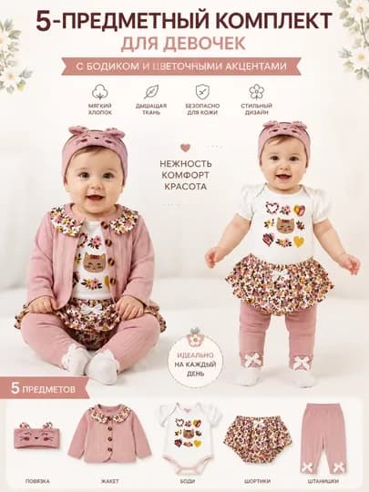 Комплект для новорожденных боди + кофта + штаны + юбка + повязка — UMISHKA-KOMPLEK-36МЕС