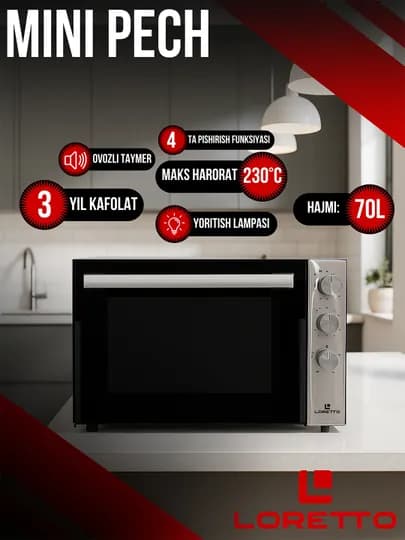 LORETTO LUX-7000IN – электродуховка, мини-печь, термостат, таймер, конвекция, 70 л
