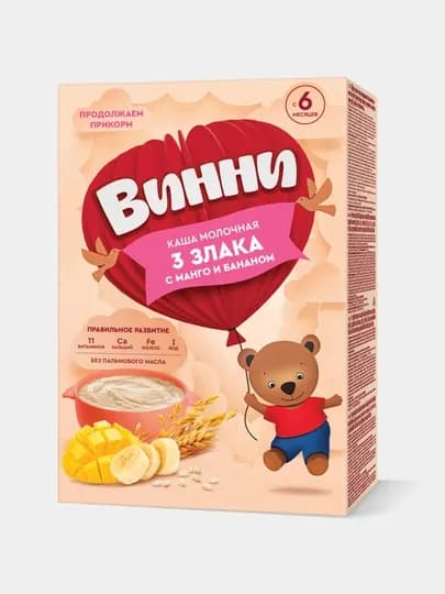 Молочная каша Винни, 3 злака с манго и бананом, 200 гр