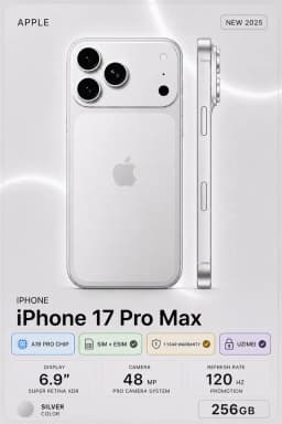Смартфон Apple iPhone 17 Pro Max 256 ГБ (nanoSim+eSim), Silver