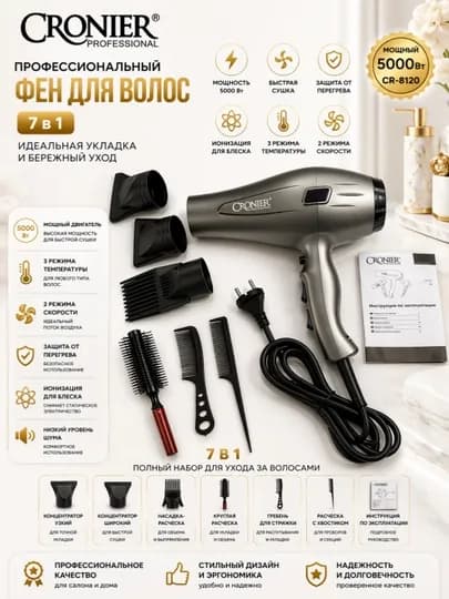 Профессиональный фен для сушки и укладки волос Cronier 7в1 — DOSTON-CRONIERFEN-СЕРЫЙ