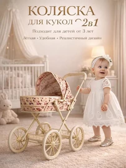 Кукольная коляска для девочек, игрушечная, сумка, корзина, металлический каркас — UNSHOPU-KALYASK-БЕЖЕВ