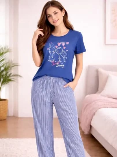 Пижама женская, футболка с бриджами — BABYLOO-AYOLLARPIJAMASI-ИНДИГО-4XL