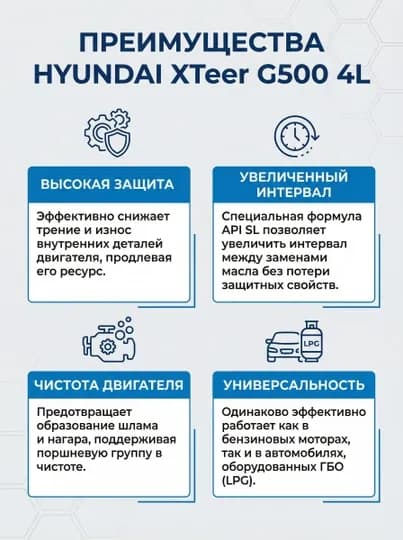Моторное масло Hyundai XTeer G500 10W-40 API SL, бензин/газ, 4 л