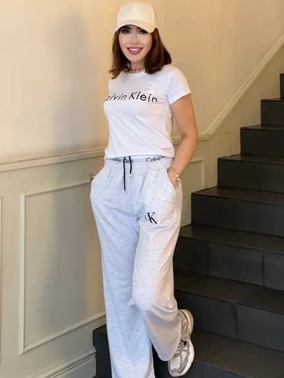 Женский костюм двойка с футболкой и широкими брюками Calvin Klein — FEMMEGL-СК-БЕЛЫЙ-Freesize