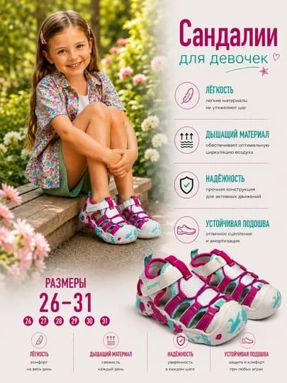 Сандалии для детей в стиле кроссовок — комфорт и стиль в одном — PERSEY-D4202-ТЕМНРОЗ-31