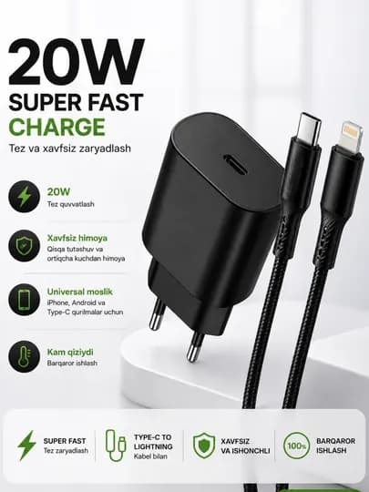 Зарядный комплект для iPhone, адаптер кабель Lightning | Быстрая зарядка 20w — NEWX-GALOVKAKABEL-ЧЕРН