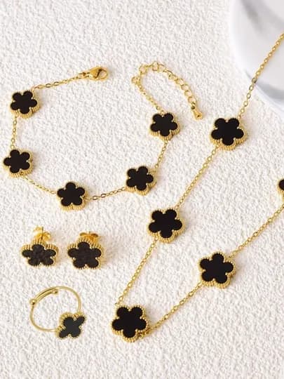 VAN CLEEF Набор бижутерий, кольцо, серьги, цепочка, браслет — CARTEIR-VANCLE1-ЧЕРН-van1521