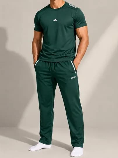Летний спортивный костюм, размеры XL–3XL, хлопок + эластичная ткань, 4 цветов — ADRON-DVOYADIDAS01-ТЕМНЗЕЛ-XL