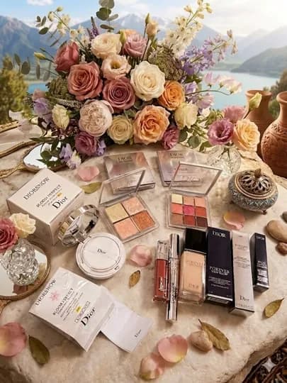 Набор косметики Dior: Тональный крем, тушь, палетка теней, хайлайтер и помада для лица — 201410-DIORA