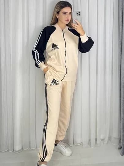 Женский костюм-двойка-ниточный полиэстер, трикотажный комплект — NSTYLEE-ADIDAS-БЕЖЕВ-Freesize