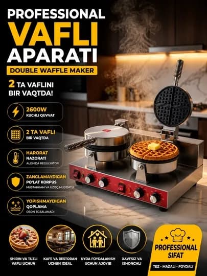 Профессиональная вафельница 2600W — 2 вафли, быстрое приготовление
