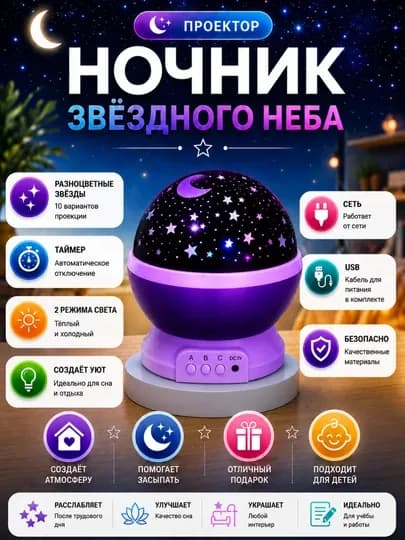 Ночник-проектор «Звездное небо» — украсьте свою комнату звездами, создав спокойную — KINGSHO-FBSYULDUZNOCHNIK-ЛАВАНД
