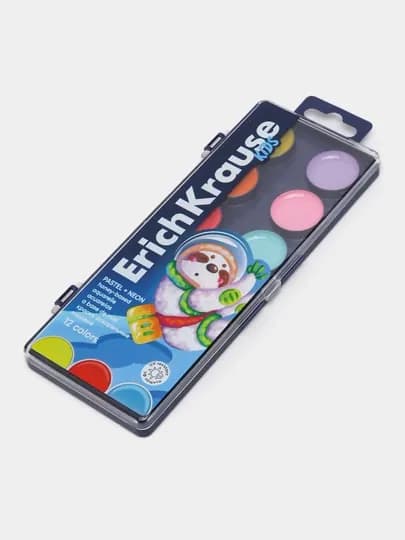 Краски акварельные ErichKrause Kids Space Animals Neon+Pastel с УФ защитой 12 цветов 61364