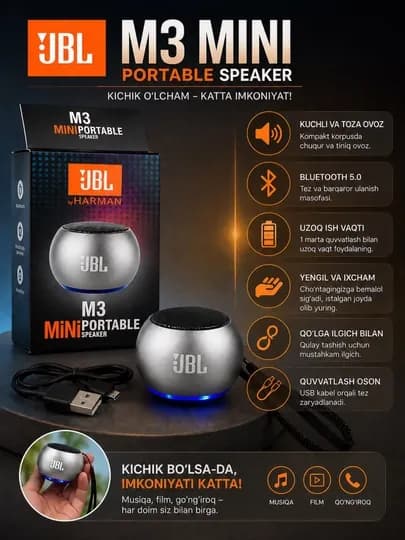 JBL M3 Mini Portable Speaker – компактная Bluetooth колонка — LUXE123-MINIKALONKA-СЕРЕБРН
