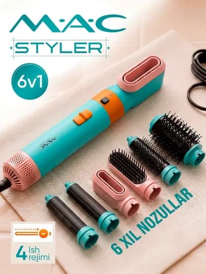 Фен-стайлер MAC Styler 6 в 1, мультистайлер, фен щетка, выпрямитель, 6 насадок, 4 режима