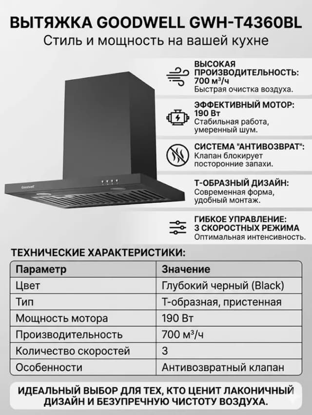 Вытяжка Goodwell GWH-Т4360BL, чёрный
