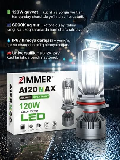 Zimmer a120 120W светодиодные линзы H4 ORG 6000K для автомобилей, 75-120W