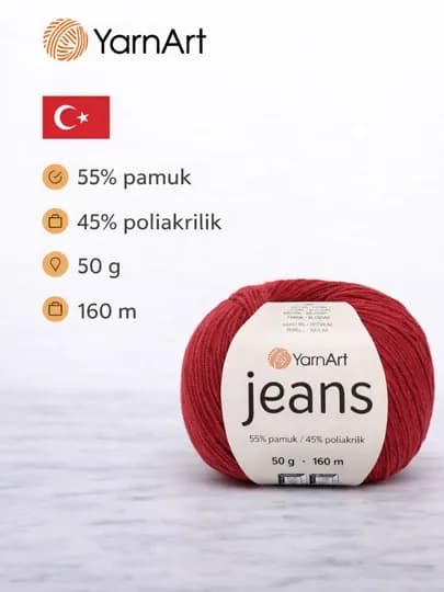 Пряжа YarnArt Jeans 55 % Pamuk 45 % Poliakrilik 50 g 160 mt — PRYAJAU-JEANS-БАГРОВ