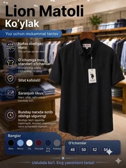 Рубашка мужская летняя Lion короткий рукав, свободный крой, легкая дышащая ткань — ECONSHO-РУБАШКАМУЖ400-ЧЕРН-48