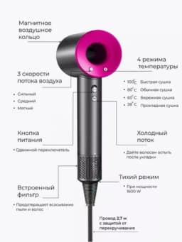 Фен для волос Super Hair Dryer, 5 насадок, с ионизацией, 1600 Вт, сушка и укладка — NETNETC-NET0039-ВИШН