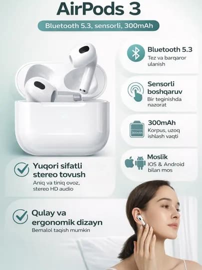 AirPods 3 беспроводные наушники Bluetooth 5.3, сенсорные, 300mAh — FEXTECH-AITPODS3PRO112-БЕЛЫЙ