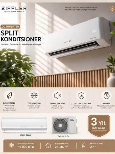 Кондиционер Ziffler 12 DC Inverter, фреон R32, 135-265 В + Ten