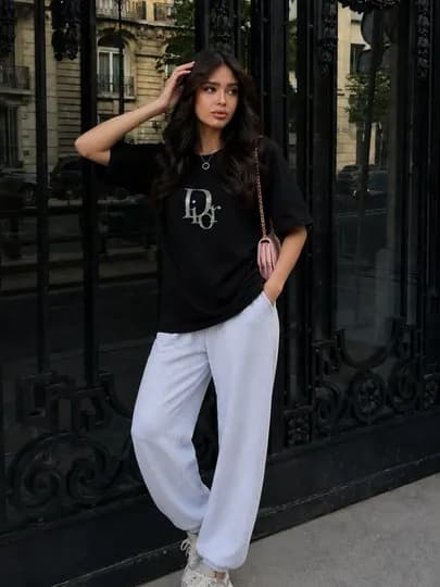 Женский костюм oversize Dior, двойка, футболка и джоггеры — FEMMEGL-ДИОР-ЧЕРН-Freesize