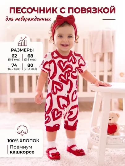 Песочник для девочки с повязкой, детский летний ромпер из 100% хлопка — DRAKOSH-NEFISPESOCHNIK-КРАСН-80
