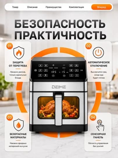 Аэрогриль Deime 6, 7, 8, 10 л, фритюрница без масла, 10 в 1, 1800 Вт, многофункциональная — DEIME-AEROGRL-МОЛОЧ