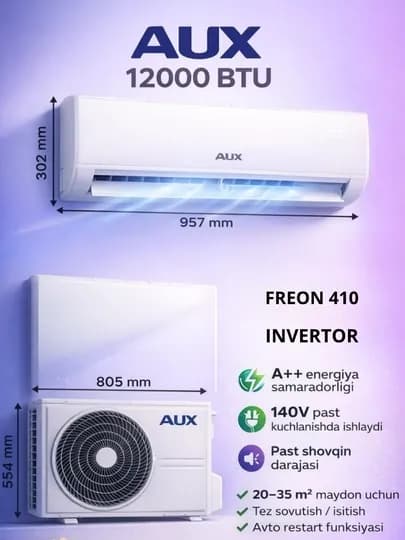 AUX 12000 BTU — R410 фреон + DC InverterСовременный и надежный кондиционер — FOZTECH-12AUXKAN