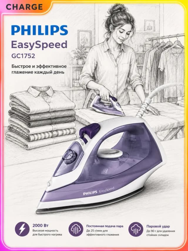 Утюг Philips EasySpeed GC1752, фиолетовый