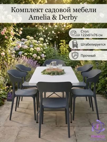 Комплект мебели Amelia & Derby (стол + стулья): до 250 кг, штабелируется, влагостойкий — FRUMOS-КОМПЛЕКТAMELIADERBYСАД-СЕРЫЙ-AME2DE1