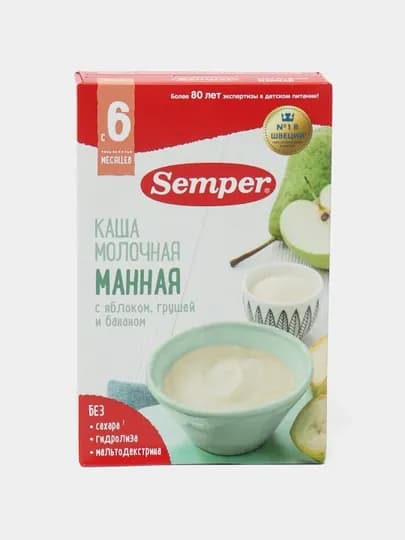 Semper каша молочная, манная, с яблоком, грушей и бананом, сухая, без сахара, 6 м+, 180 гр
