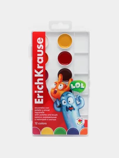 Краски акварельные ErichKrause Jolly Friends, 12 цветов, с палитрой и кистью, 61369