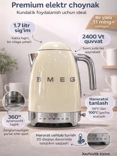 Электрический чайник SMEG 1.7 л, 2400 Вт, регулировка температуры 50–100°C
