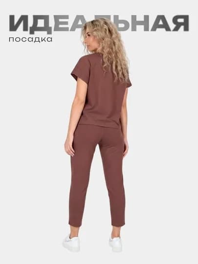 Женский костюм двойка брюки и футболка, MODALINA, 95% хлопок, размеры 44-56 — MUDALIN-46593-КОРИЧН-48