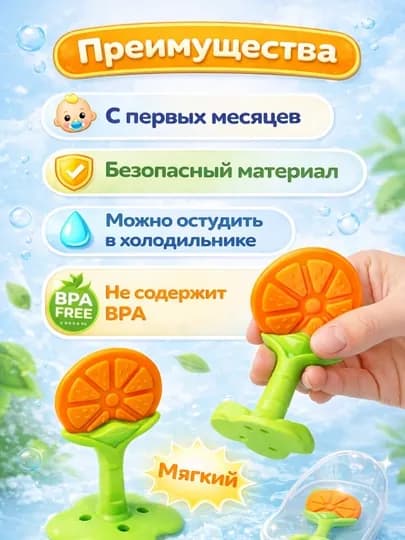 Прорезыватель для зубов детский силиконовый, массажер десен — BABYBY-ПРОРЕЗОРАНЖ-ОРАНЖ