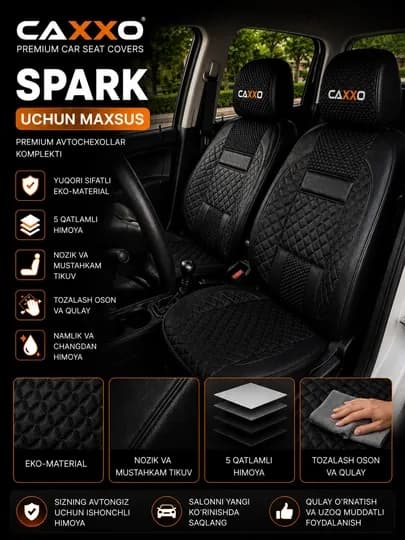 Авточехлы CAXXO для Chevrolet Spark, комплект чехлов на сиденья, экокожа — CAXXO-SPARK-ЧЕРНСТЕ