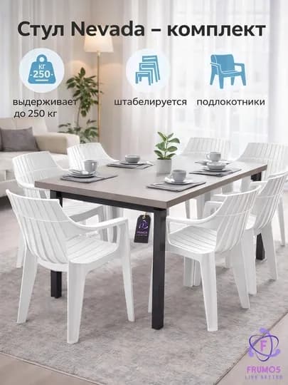 Комплект стульев Nevada, до 250 кг,с подлокотниками влагостойкие штабелируемые без стола — FRUMOS-КОМПЛЕКТNEVADATABURETKA-БЕЛЫЙ-NEVADA1