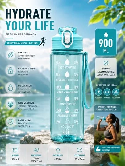 Бутылка для воды, соломинка, спортивная, для походов, школьная бутылка, 900 мл — SHISHA-SUVBOLA-ЛАЙМ