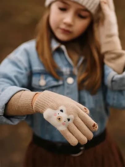 Зимние, детские перчатки, для девочек и мальчиков 6-8 лет — SAKO002-PRECHMISHKA-ТЕМНРОЗ