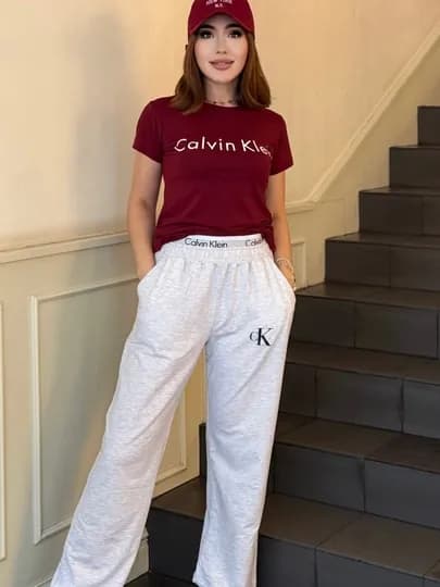 Женский костюм двойка с футболкой и широкими брюками Calvin Klein — FEMMEGL-СК-БОРДОВ-Freesize