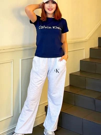 Женский костюм двойка с футболкой и широкими брюками Calvin Klein — FEMMEGL-СК-ТЕМНСИН-Freesize