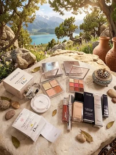 Набор косметики Dior: Тональный крем, тушь, палетка теней, хайлайтер и помада для лица — 4521068-DIORTUPLAM