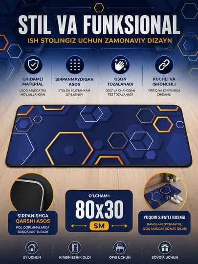 Большой коврик для стола 80x30 см – игровой pad для мыши и клавиатуры — ASRMOB-KOV30X80LAR-СИНИЙ