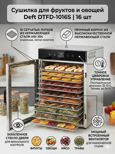 Сушилка для овощей и фруктов с горизонтальным обдувом Deft DTFD-1016S 16 паддон — ИМПОРТ-DTFD1016S