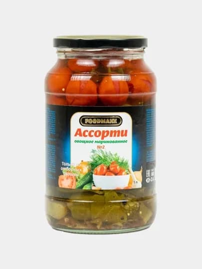 Маринованное ассорти №2 (огурцы, томаты), стеклобанки по 1 л